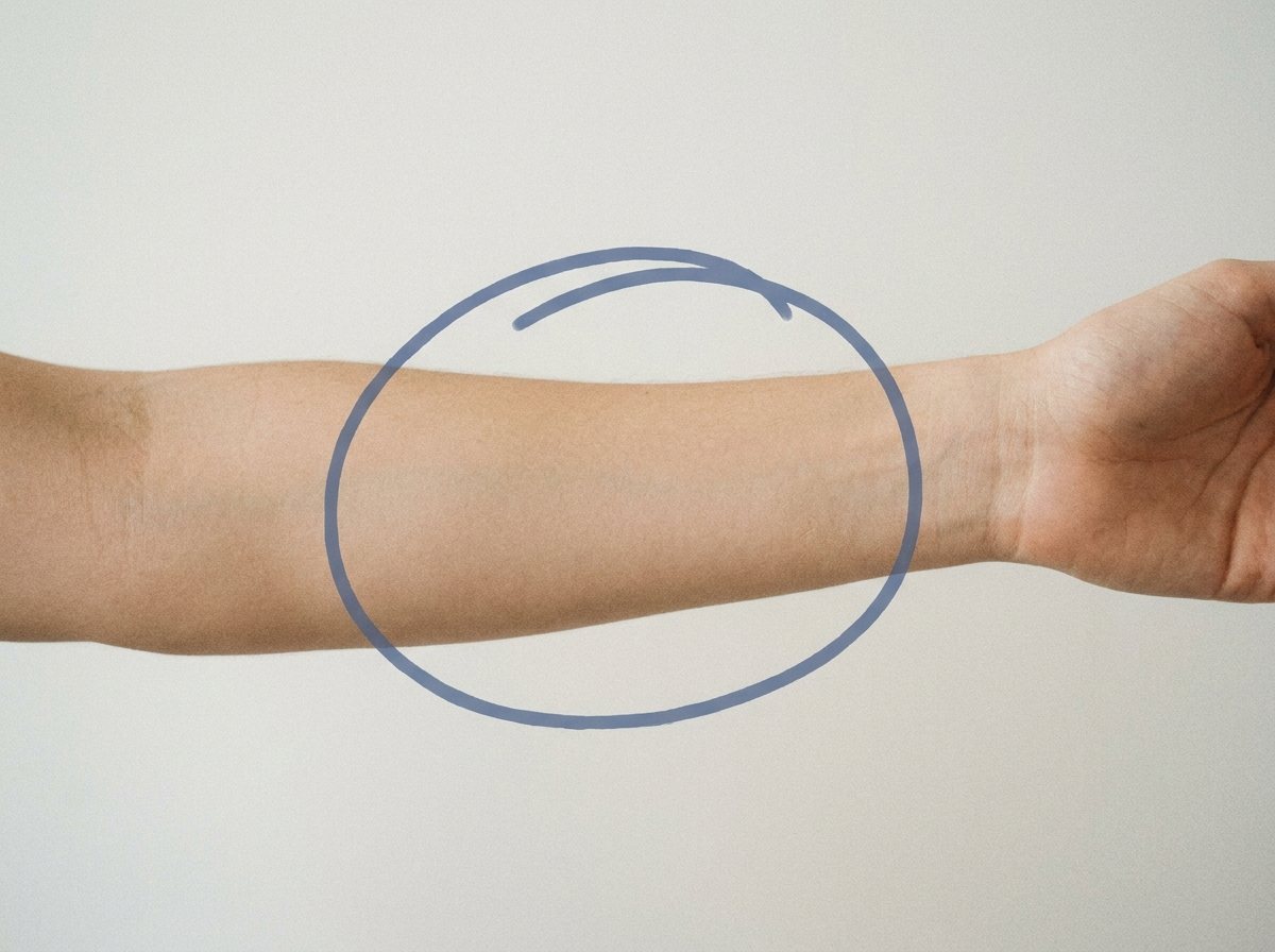 a forearm with the tattoo area circled